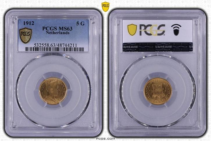Gouden Wilhelmina 5 gulden 1912 MS63 PCGS gecertificeerd, Postzegels en Munten, Munten | Nederland, Losse munt, 5 gulden, Koningin Wilhelmina