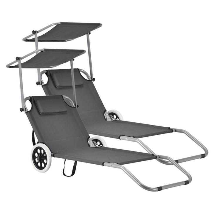 Inklapbare ligbed met luifel en wielen set van 2 donkergrijs, Tuin en Terras, Ligbedden, Verzenden