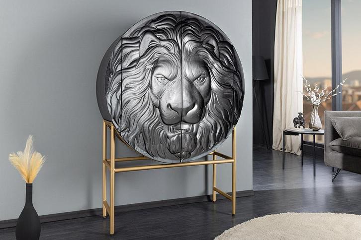 Massief Highboard LION 140cm Zwart Goud Mango Hout 3D, Huis en Inrichting, Kasten | Overige, Ophalen of Verzenden