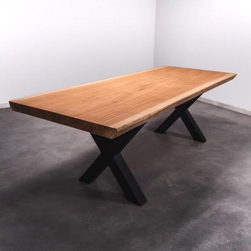 Boomstamtafel, Eettafel 250x105 massief hardhout, metaalpoot, Huis en Inrichting, Tafels | Eettafels, 100 tot 150 cm, 200 cm of meer