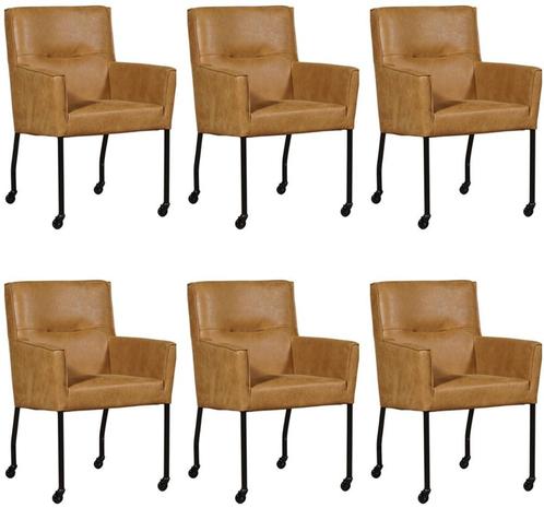 Set van 6 Leren eetkamerstoelen - met wieltjes en armleuning, Huis en Inrichting, Stoelen, Vijf, Zes of meer stoelen, Overige kleuren