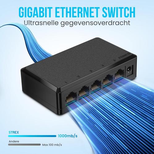 Strex Netwerk Switch - 1000Mbps - Unmanaged - 5 Poorten, Computers en Software, Netwerk switches, Verzenden