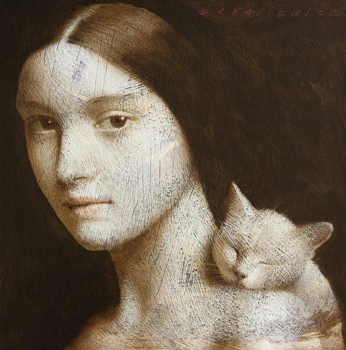Michal Lukasiewicz - Woman With Her Pet X, Antiek en Kunst, Kunst | Schilderijen | Modern