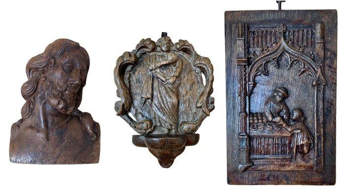 Figuur - Set van 3 antieke houten religieuze houtsnijwerken, Antiek en Kunst, Kunst | Niet-Westerse kunst