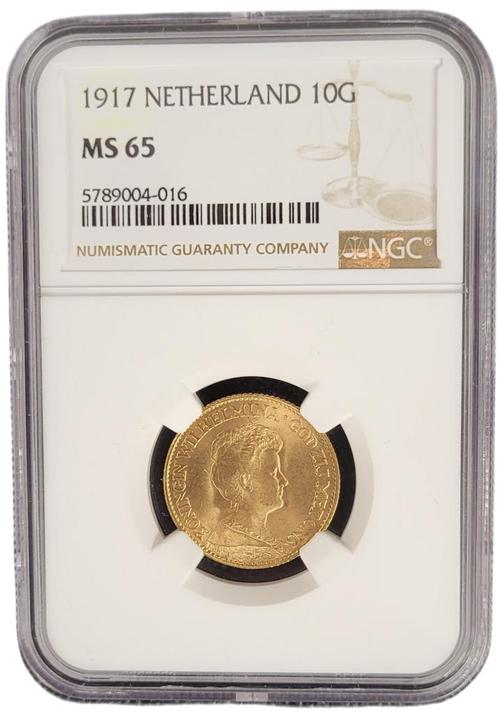 Gouden Wilhelmina 10 gulden 1917 MS65 gecertificeerd NGC, Postzegels en Munten, Munten | Nederland, Losse munt, Goud, Verzenden