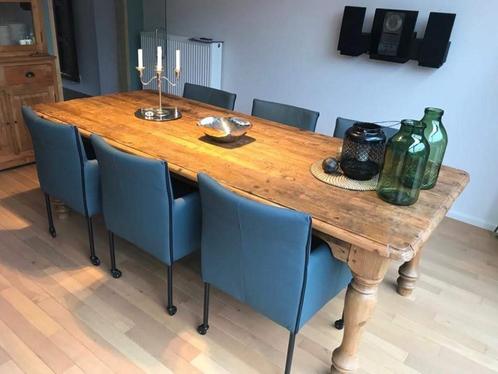 Set van 6 leren kuip eetkamerstoelen - met wieltjes - blauw, Huis en Inrichting, Stoelen, Overige kleuren, Nieuw, Leer, Ophalen of Verzenden