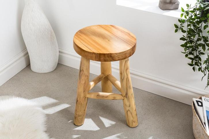 Massief houten kruk BALI 45cm natuurlijk rond teakhouten, Huis en Inrichting, Slaapkamer | Bedden, Ophalen of Verzenden