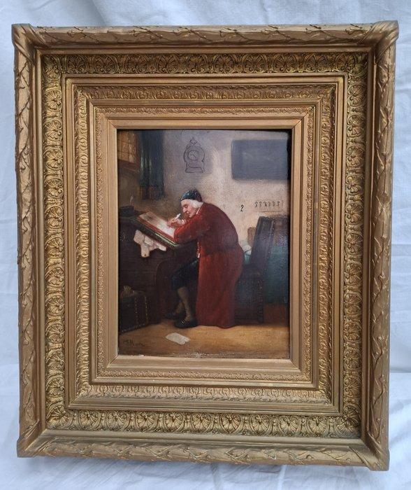 J Hove (XIX) - Tableau homme écrivant à son bureau signé J., Antiek en Kunst, Kunst | Schilderijen | Klassiek
