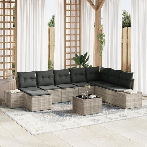vidaXL 9-delige tuinset met kussens Grijs Poly Rattan, Tuin en Terras, Tuinsets en Loungesets, Tuinset, Nieuw, Rotan, Verzenden