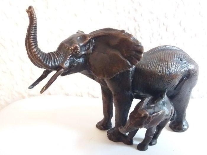 Beeld, Elephant and her baby - 15 cm - Koud geverfd brons, Antiek en Kunst, Curiosa en Brocante