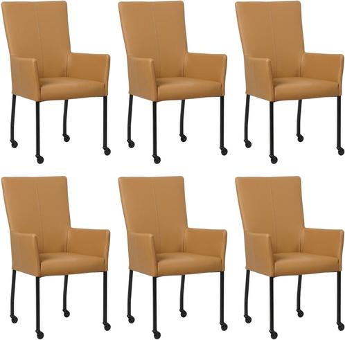 Set van 6 Bruine leren moderne eetkamerstoelen - met armleun, Huis en Inrichting, Stoelen, Vijf, Zes of meer stoelen, Overige kleuren