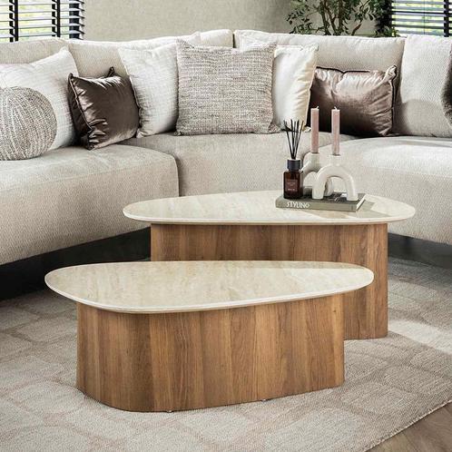 *WOONWINKEL* Salontafelset Driehoek Hout En Travertin, Huis en Inrichting, Tafels | Salontafels, Nieuw, Verzenden