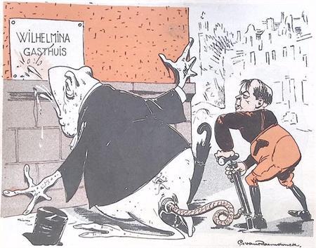 Spotprent Opgeblazen pad spuugt op het Wilhelmina Gasthui..., Antiek en Kunst, Kunst | Litho's en Zeefdrukken, Verzenden