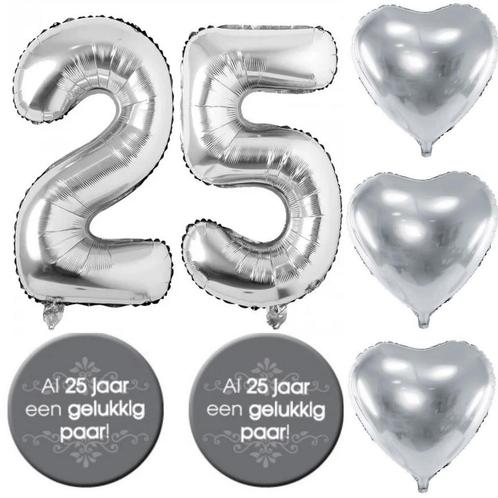 Ballonnen set zilver 25 met 2 buttons en 3 zilveren harten X, Hobby en Vrije tijd, Feestartikelen, Geboorte of Huwelijk, Nieuw