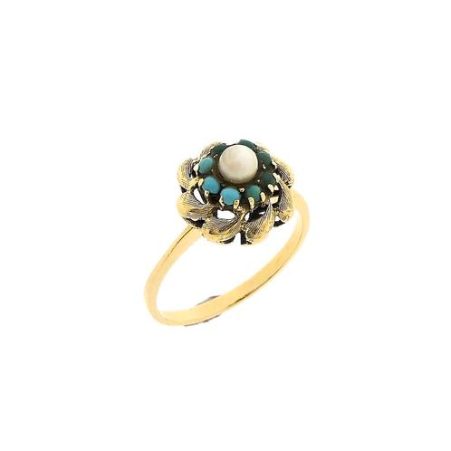 Vintage gouden ring met turquoise en parel (geelgoud), Sieraden, Tassen en Uiterlijk, Ringen, Dame, Met edelsteen, Overige kleuren