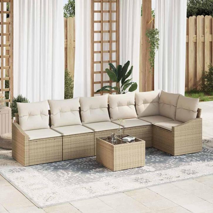 vidaXL Tuin Eetset met kussen met opslag 7 pcs Beige en, Tuin en Terras, Tuinsets en Loungesets, Nieuw, Rotan, Verzenden