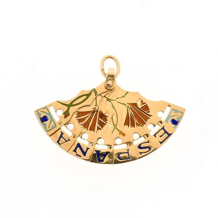 18 Krt. Gouden hanger van een Spaanse waaier met emaille, Sieraden, Tassen en Uiterlijk, Bedels, Gebruikt, Overige merken, Goud