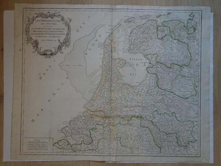 Ets gekleurd, kaart der Nederlanden Robert de Vaugondy 1750, Boeken, Atlassen en Landkaarten, Voor 1800, Nederland, Gelezen, Landkaart