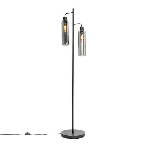 Moderne vloerlamp zwart met smoke glas 2-lichts - Stavelot, Huis en Inrichting, Lampen | Vloerlampen, Nieuw, Glas, 150 tot 200 cm