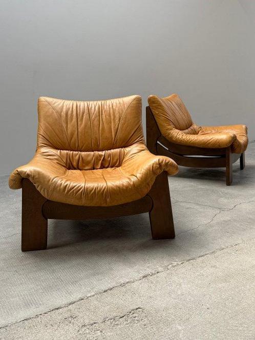 Maison Regain zugeschrieben - Fauteuil (2) - Eik, Leder -, Antiek en Kunst, Kunst | Designobjecten