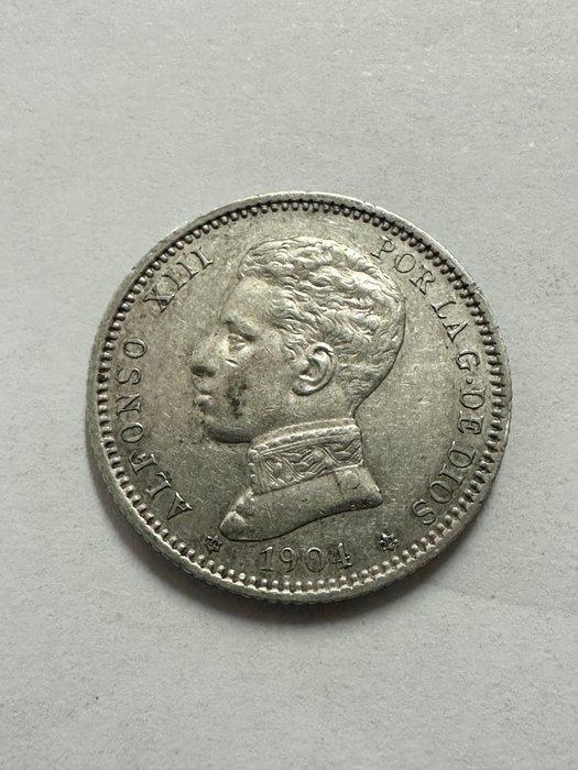 Spanje. Alfonso XIII. 1 peseta 1904 variante cero partido, Postzegels en Munten, Munten | Europa | Niet-Euromunten