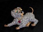 Beeld, Swarovski broche hond - 3 cm - Metaal, rodium gold, Antiek en Kunst