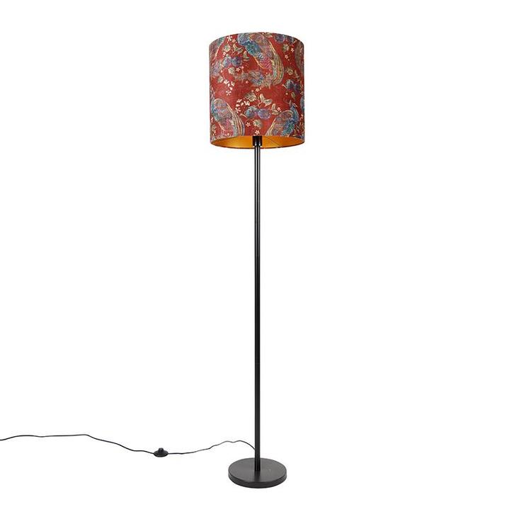 Vloerlamp zwart kap pauw dessin rood 40 cm  - Simplo, Huis en Inrichting, Lampen | Vloerlampen, Nieuw, Overige materialen, 150 tot 200 cm