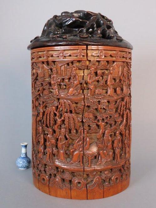 LARGE BAMBOO BITONG WITH ZITAN WOODEN DOUBLE GOURD LID -, Antiek en Kunst, Antiek | Overige Antiek