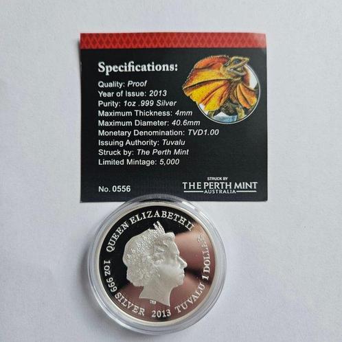 Cookeilanden. 5 Dollars 2013 Frilled Neck Lizard, 1 Oz, Postzegels en Munten, Munten | Europa | Niet-Euromunten