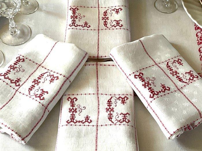 4 linnen servetten uit de vroege 20e eeuw met initialen L.C., Antiek en Kunst, Antiek | Kleden en Textiel