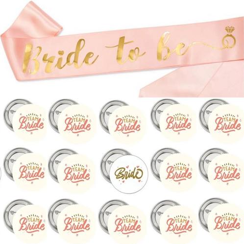 Bride to Be en Team Bride set met sjerp en buttons 16-delig, Hobby en Vrije tijd, Feestartikelen, Geboorte of Huwelijk, Nieuw