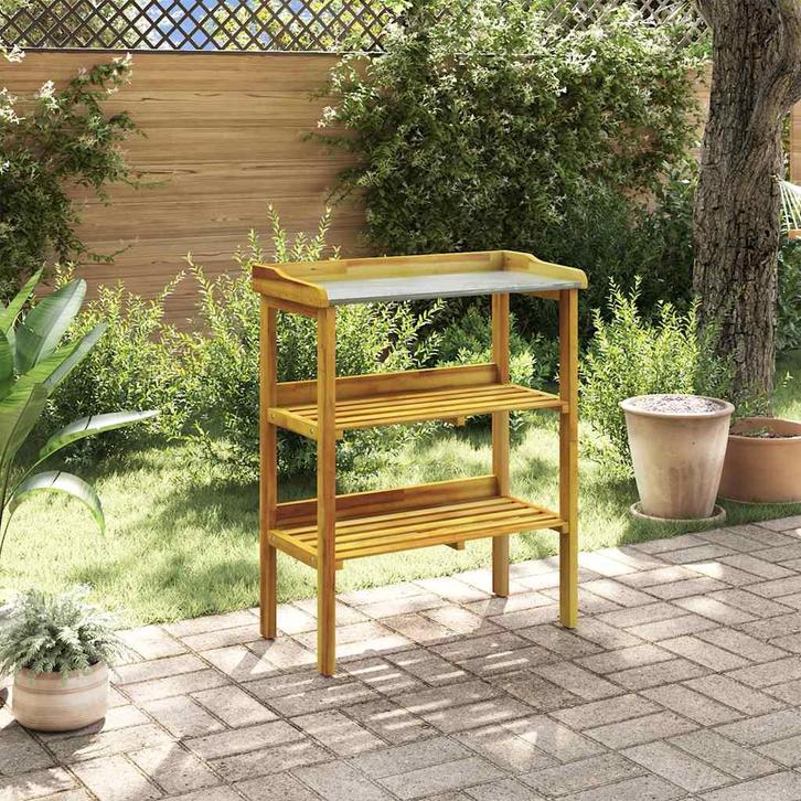 vidaXL Oppottafel met 2 schappen massief acaciahout en zink, Tuin en Terras, Overige Tuin en Terras, Nieuw, Verzenden