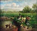 F Waller (XlX-XX) - Ducks and ducklings in a river landscape