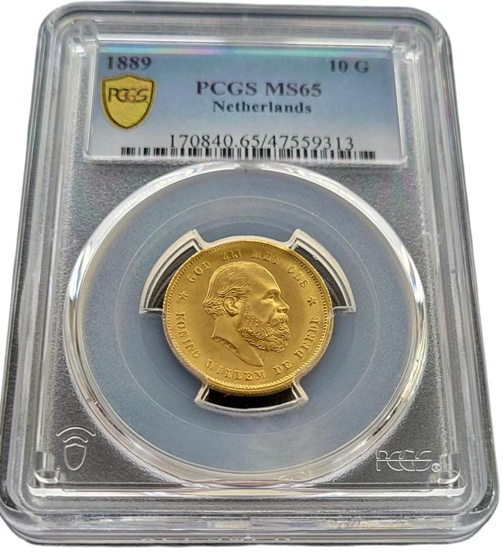 Gouden Willem III 10 gulden 1889 MS65 PCGS gecertificeerd, Postzegels en Munten, Munten | Nederland, Losse munt, 10 gulden, Koning Willem III