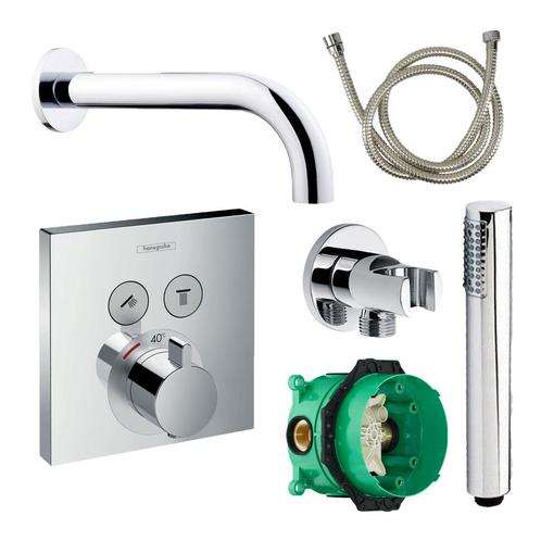 Badkraanset Hansgrohe Select Vierkant met Handdouche Chroom, Doe-het-zelf en Verbouw, Sanitair, Kraan, Nieuw, Chroom, Ophalen of Verzenden