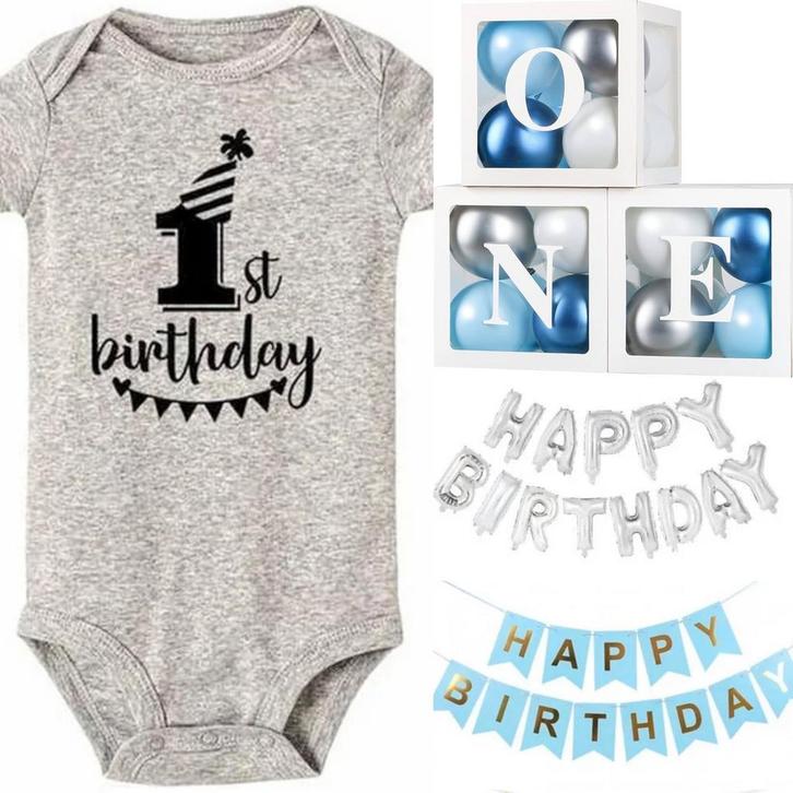 Eerste verjaardag kleding en decoratie set zilver, blauw en, Kinderen en Baby's, Babykleding | Maat 80, Jongetje, Nieuw, Setje