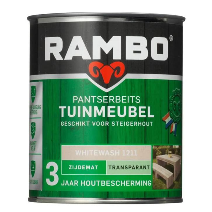 Rambo Pantserbeits Tuinmeubel Transparant Zijdemat Whitewash, Doe-het-zelf en Verbouw, Verf, Beits en Lak, Beits, Nieuw, Minder dan 5 liter
