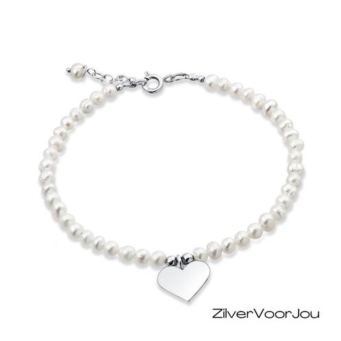 Zilveren hartje aan zoetwaterparel armband, Sieraden, Tassen en Uiterlijk, Armbanden, Nieuw, Verzenden