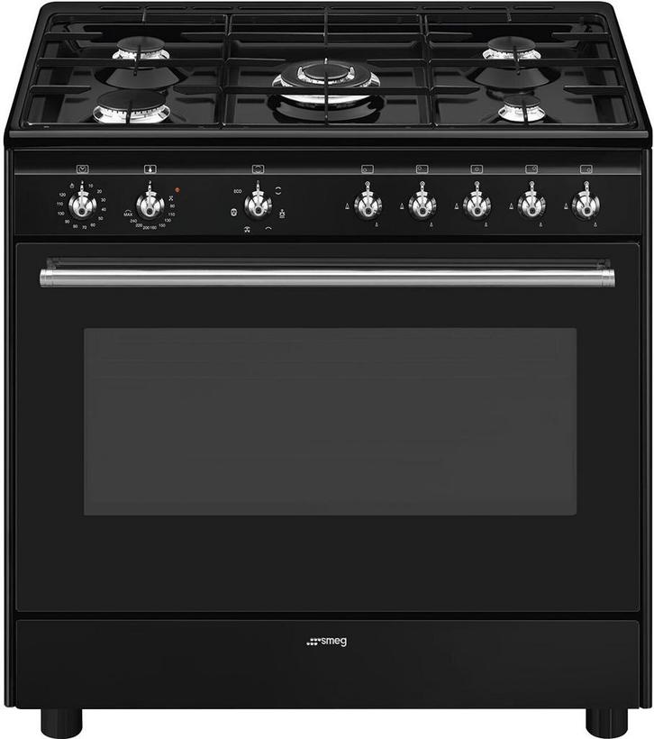 Smeg CX91GMBLNLK gas fornuis - 90 cm. breed - zwart - outlet, Witgoed en Apparatuur, Fornuizen, 60 cm of meer, Vrijstaand, 5 kookzones of meer