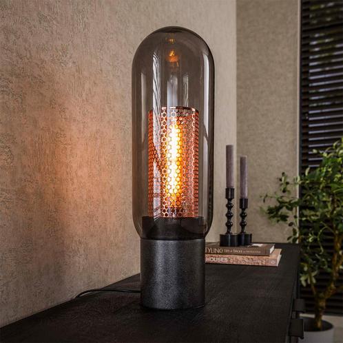 *WOONWINKEL* Tafellamp Rookglas En Geperforeerd Staal, Huis en Inrichting, Lampen | Tafellampen, Nieuw, Verzenden