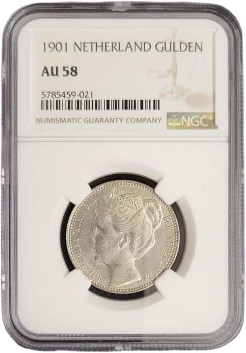 Koningin Wilhelmina 1 gulden 1901 AU58 NGC gecertificeerd, Postzegels en Munten, Munten | Nederland, Losse munt, 1 gulden, Koningin Wilhelmina