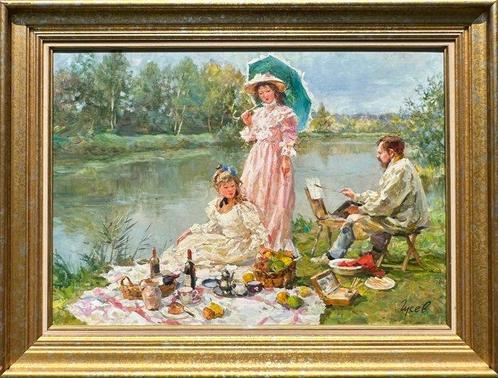 Vladimir Goussev (1957) - An Artist and his Family having a, Antiek en Kunst, Kunst | Schilderijen | Klassiek