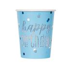 Happy Birthday Bekers Blauw Glitter 266ml 8st, Verzenden, Nieuw