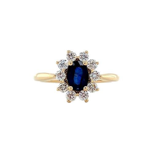 Gouden entourage ring met diamant en saffier 14 karaat*, Sieraden, Tassen en Uiterlijk, Ringen, Zo goed als nieuw, Goud, Verzenden