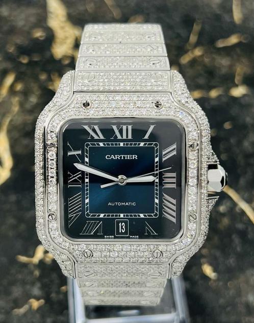 Cartier Santos - Blue Dial - WSSA0013 - Iced Out - Diamonds, Sieraden, Tassen en Uiterlijk, Horloges | Heren, Staal, Nieuw, Staal