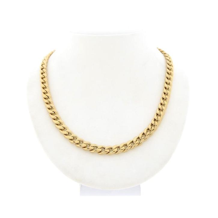 Gouden gourmetschakel collier met saffier (Ketting), Sieraden, Tassen en Uiterlijk, Kettingen, Overige kleuren, Gebruikt, Met edelsteen