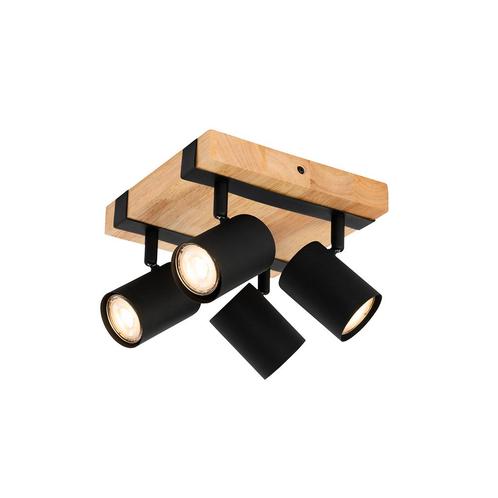 Plafondlamp zwart met hout 4-lichts verstelbaar rechthoekig, Huis en Inrichting, Lampen | Spots, Nieuw, Overige materialen