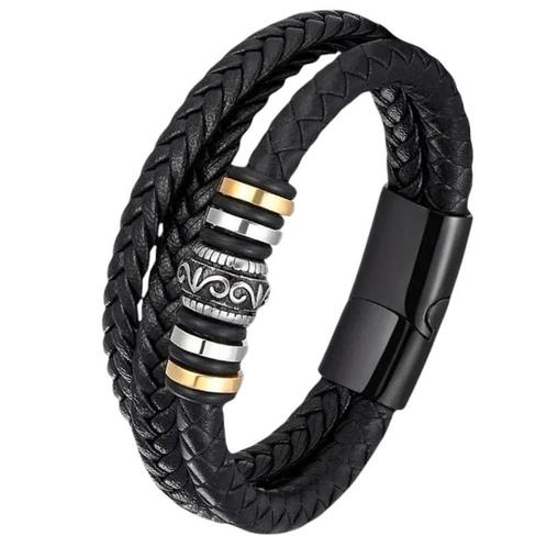Fako Bijoux® - Leren Armband Heren - Zwart Leer Met Stalen, Sieraden, Tassen en Uiterlijk, Armbanden, Verzenden