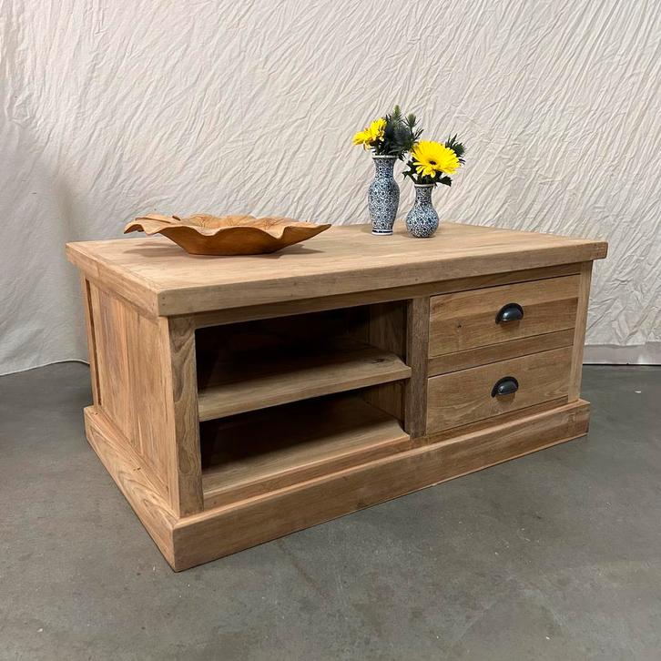 Teakhouten Salontafel met 4 lades - 100 x 60 cm - TTM Wonen, Huis en Inrichting, Tafels | Salontafels, 50 tot 100 cm, Rechthoekig