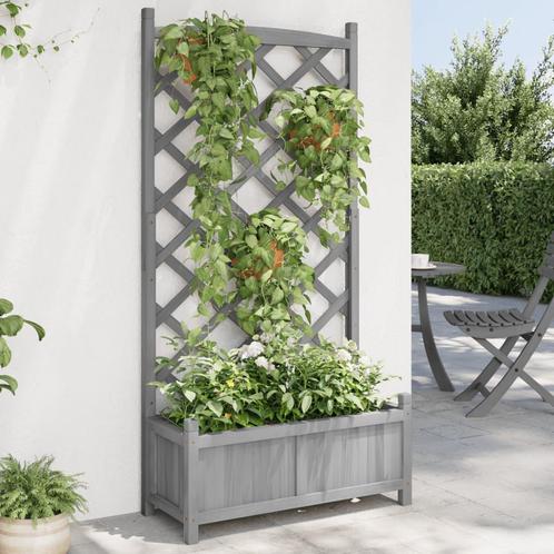 vidaXL Plantenbak met latwerk massief vurenhout grijs, Tuin en Terras, Bloembakken en Plantenbakken, Nieuw, Hout, Verzenden